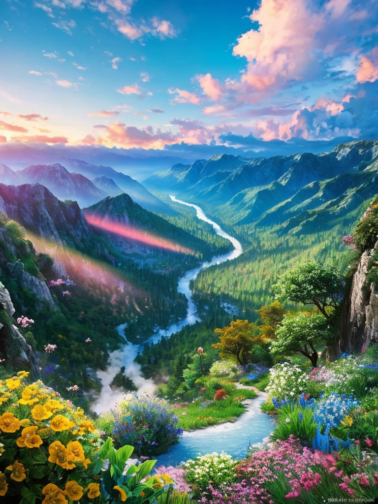 masterpiece, 最high quality, high quality,Very detailed CG unity 8k wallpaper, Enchanting and dreamy fantasy forest scenery, Seven-Colored Garden, Valley of the Fairies with a River Flowing Through It, Mysterious and fascinating, Sky Blue Sky, White dove flies, Complex, sunset, pastel colour, Award-winning photography, Written boundary depth, High resolution, bloom, chromatic aberration ,Realistic,Very detailed, White cloud, Trending on CGSociety, Complex, Attention to detail, dramatic, art:The middle of a journey