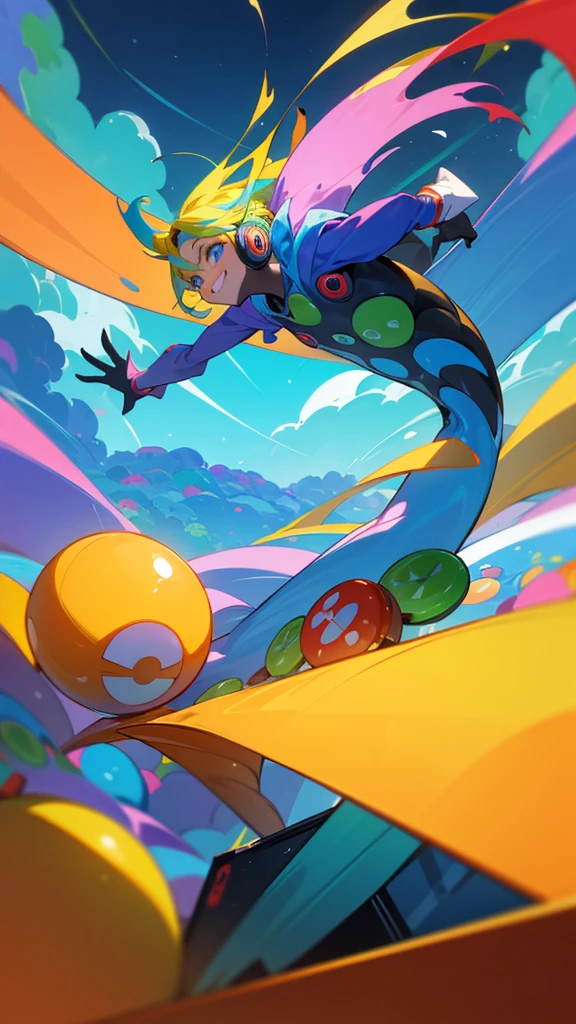 A whimsical scene featuring a playful character boy sitting in front of a glowing computer, wearing oversized, colorful headphones. The setting is vibrant and cartoonish, with exaggerated features like oversized buttons and playful emojis floating around. The character has a wide, cheerful grin, and the computer screen displays a fantastical game world filled with quirky creatures and bright landscapes. The overall atmosphere is joyful and inviting, reminiscent of a children's animation, with bold colors and a sense of movement that brings the image to life.