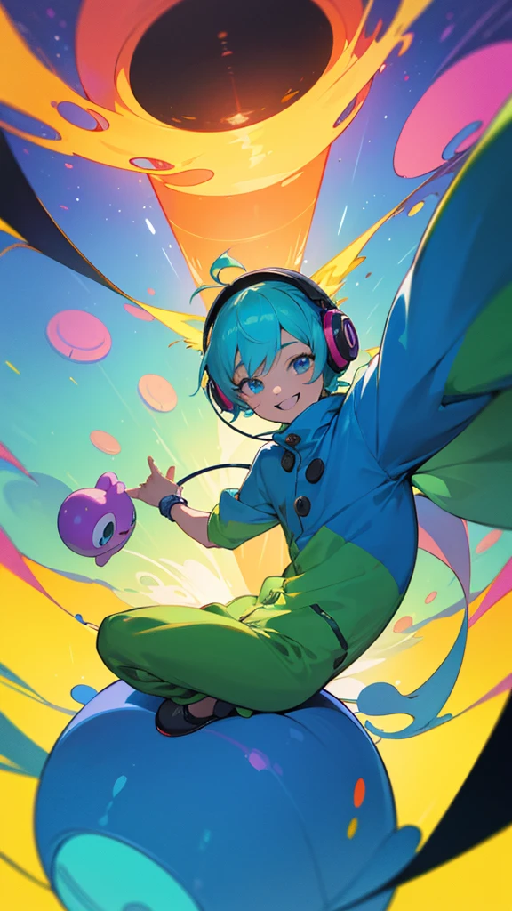 A whimsical scene featuring a playful character boy sitting in front of a glowing computer, wearing oversized, colorful headphones. The setting is vibrant and cartoonish, with exaggerated features like oversized buttons and playful emojis floating around. The character has a wide, cheerful grin, and the computer screen displays a fantastical game world filled with quirky creatures and bright landscapes. The overall atmosphere is joyful and inviting, reminiscent of a children's animation, with bold colors and a sense of movement that brings the image to life.