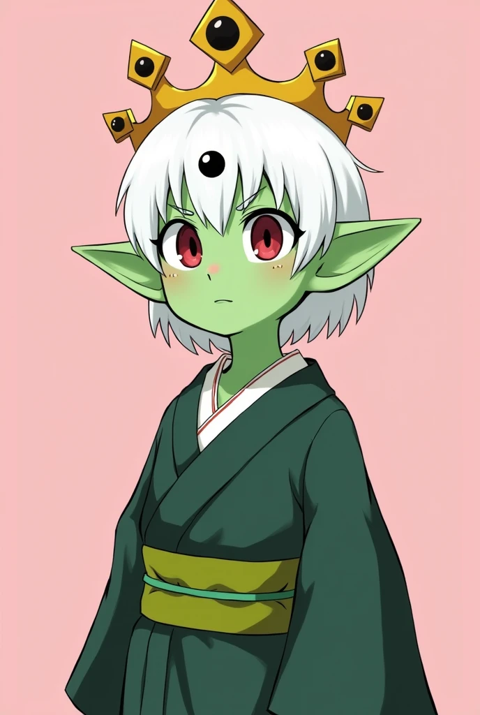 Second Dimension,Horror style,horror character,(((Three-eyed boy,solo,third eye on the forehead,Dark eyeshadow,White short hair,Elf ears,Green Skin,Exaggerated golden crown-eyeball decoration))),(((Japanese clothing))).(((Thin waist,Green belt:1.6))).Pure pink background