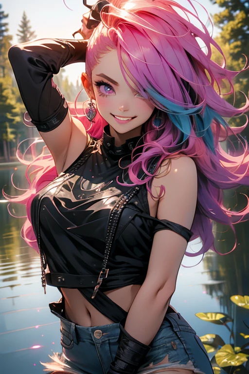 Perfect face. Perfect hands. A pink haired woman with violet eyes and an hourglass figure in a black lace tank top and ripped jeans is posing by a lake in the forest with a big smile
