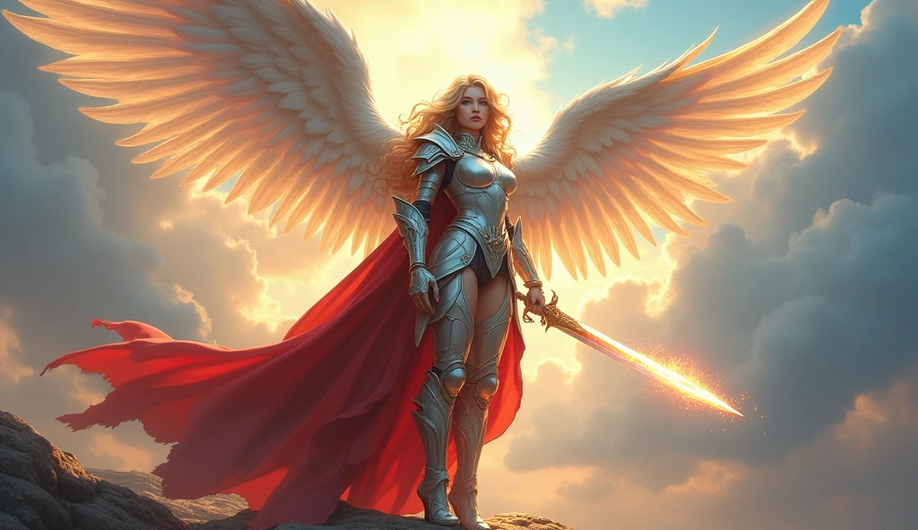 fantasy art, epic fantasy art,  a female angel standing guard in heaven, her wings spread wide, she holds a (fiery sword: 1.2), wearing intricate armor, white armor, she is wearing red cloak, wearing high heeled boots, flowing cloak, most beautiful angel, (best detailed face: 1.3) blond hair, wavy hair, epic hair, blue eyes, (glowing blue eyes: 1.3),  heavenly clouds, rainbow background. divine rays, vibrant, Ultra-high resolution, High Contrast, (masterpiece:1.5), highest quality, Best aesthetics), best details, best quality, highres, ultra wide angle, 16k, [ultra detailed], masterpiece, best quality, (extremely detailed: 1.5),