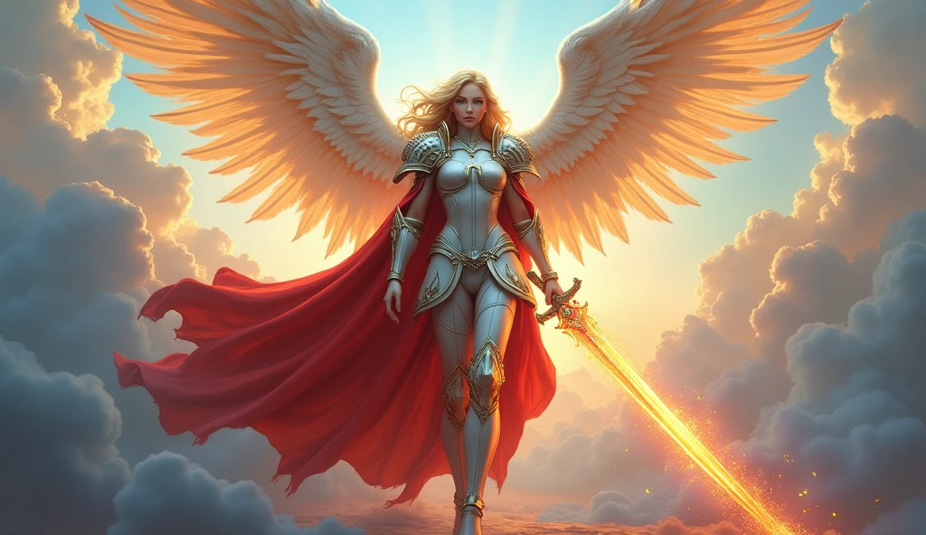 fantasy art, epic fantasy art,  a female angel standing guard in heaven, her wings spread wide, she holds a (fiery sword: 1.2), wearing intricate armor, white armor, she is wearing red cloak, wearing high heeled boots, flowing cloak, most beautiful angel, (best detailed face: 1.3) blond hair, wavy hair, epic hair, blue eyes, (glowing blue eyes: 1.3),  heavenly clouds, rainbow background. divine rays, vibrant, Ultra-high resolution, High Contrast, (masterpiece:1.5), highest quality, Best aesthetics), best details, best quality, highres, ultra wide angle, 16k, [ultra detailed], masterpiece, best quality, (extremely detailed: 1.5),