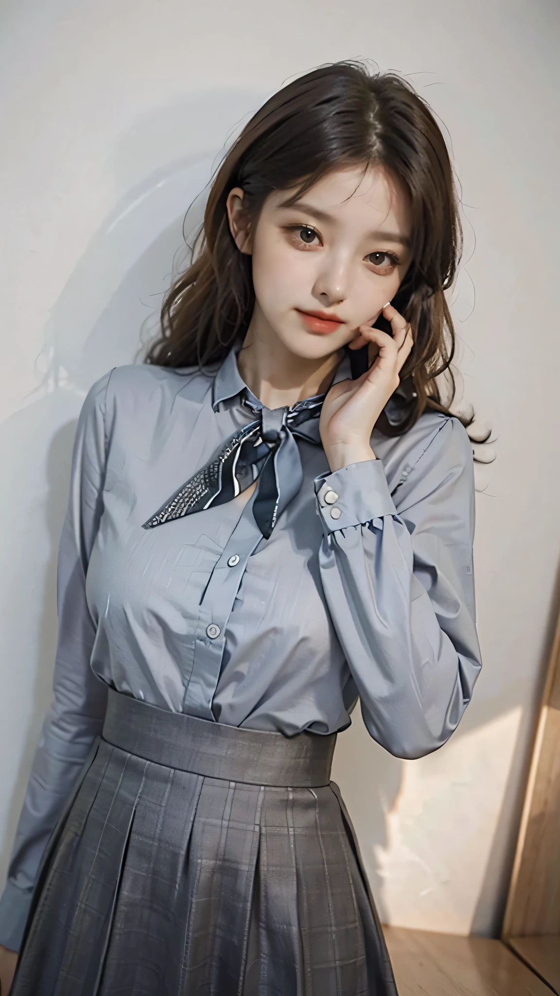 detailed background, masterpiece, best quality, 1 person , curly hair, long hair, purple eyes, star in eye , grey blouse, long skirt, grey, , grey blouse , beautiful bow, detailed bow,