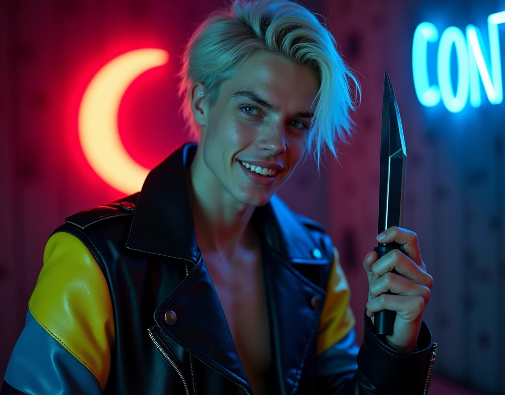 male model,181cm tall, 22 years, pale skin, blue eyes, short platinum blond messy side part hair, black leather asymmetrical zip jacket with yellow and bright blue leather accents, holding a dagger up:1.2, dark lighting, inside luxury BDSM room, amused smirk expression, chiseled sharp teeth, neon red crescent moon and blue neon sign in background that says "CONTEXT"