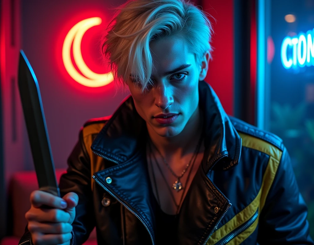 male model,181cm tall, 22 years, pale skin, blue eyes, short platinum blond messy side part hair, black leather asymmetrical zip jacket with yellow and bright blue leather accents, holding a dagger up:1.2, dark lighting, inside luxury BDSM room, amused smirk expression, chiseled sharp teeth, neon red crescent moon and blue neon sign in background that says "CONTEXT"