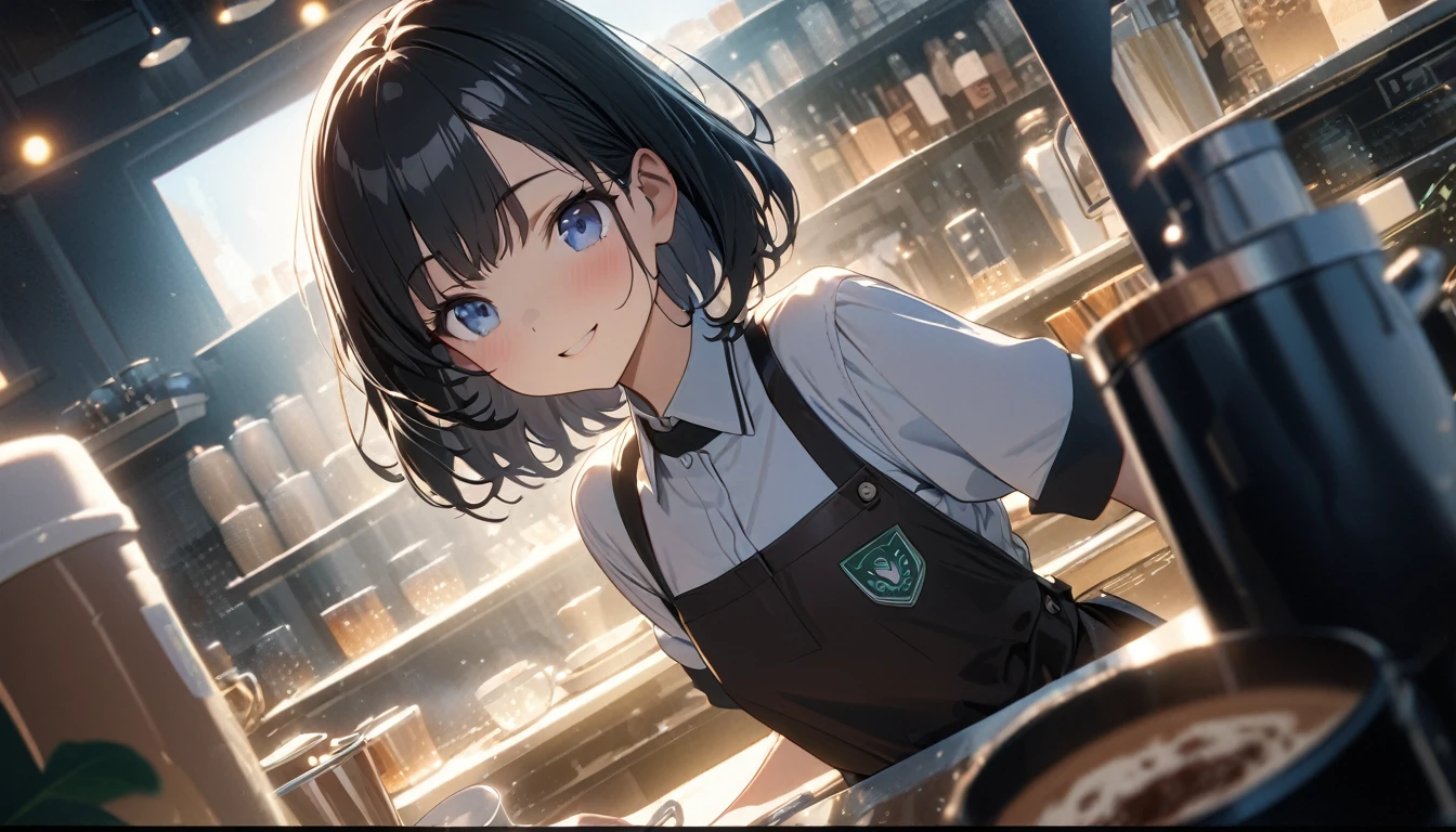 ((ultra-detailed))/three women: (one women with short black hair and bob hair.、beautiful blue eyes,.、smile、gentle smile on her face、flat chest, one Beautiful girl,((masterpiece, illustration, best quality) ((ultra-detailed))/),a girl wearing a barista uniform in a cute coffeeshop while making coffee ,濃い青とBeautiful Blueのグラデーション, High resolution, 8K HD detail, hyper-detail, cinematic, surrealism, soft light, deep field focus bokeh, ray tracing and surrealism. --v6