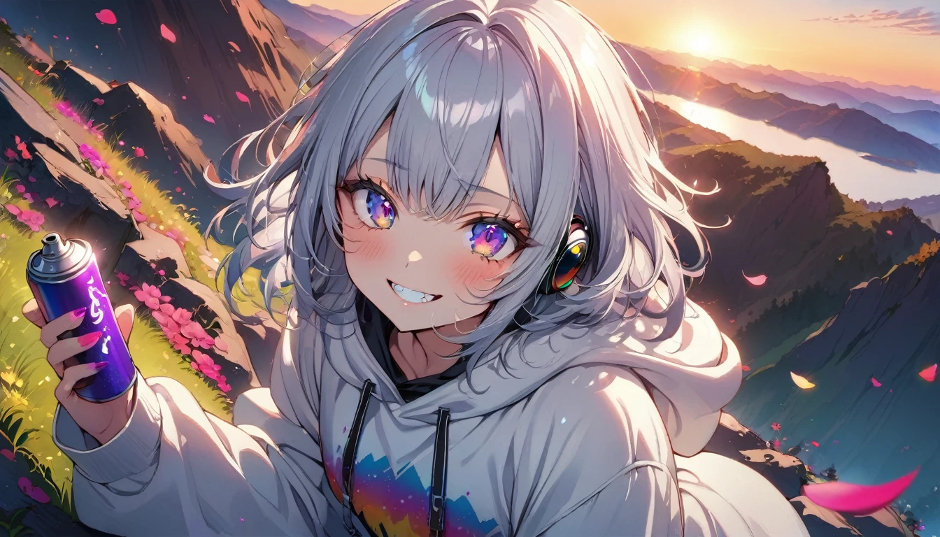 ((masterpiece)), ((Highest quality)), (anime:1.3), (Super Detail:1.2), (High resolution:1.3), (Professional photography:1.3),cute young Girl, Shiny, unruly hair, (Loosely swayed bangs), (Silver Ash Hair), Medium Hair, Big eyes, (Sagging under the eyes:1.3), (Long eyelashes), colorful eyes, (Wicked smile and blush), Glossy Lips, (Jagged teeth), ((Oversized white hoodie)), bare hands, cute, (Holding a spray can), (colorful:1.3), Gothic Makeup, (Sitting on the edge), colorful petals dance around her, Beautiful sunset, Peter Benjamin Graham, a wanderer on a mountain, Wear headphones, whole body, 