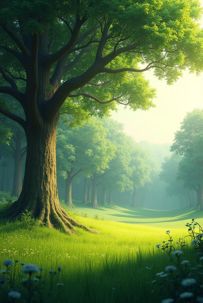 realistic forest landscape green field with a tree on the left with the sun on the right,