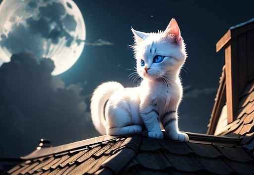 A kitten with white fur and blue eyes is on the roof of the house admiring the moon in the sky, looking at the moon