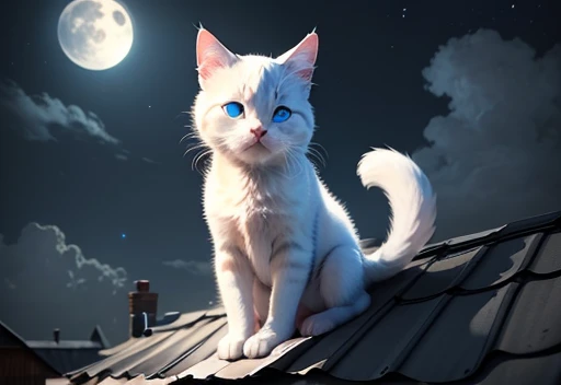 A kitten with white fur and blue eyes is on the roof of the house admiring the moon in the sky, looking at the moon