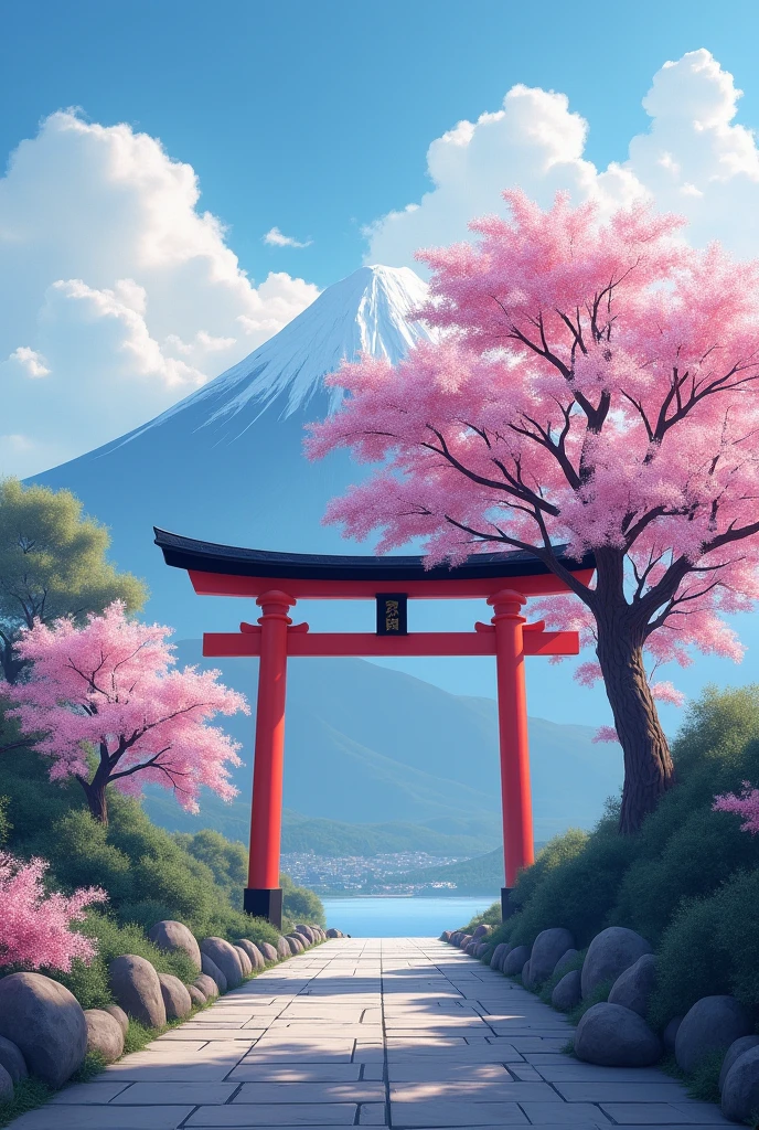 A torii gate at the beginning and in the middle a Sakura tree as if they were going to pray there is a mountain but the image is like from the side as if they started to climb the temple but it is only to see the Sakura tree