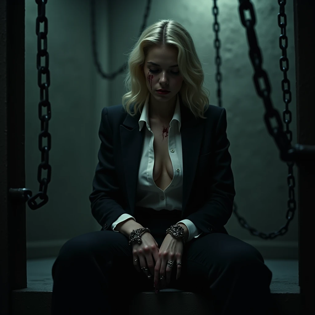 A mysterious film noir scene: a girl with light blonde hair to her shoulders sits in a dimly lit prison cell, surrounded by chains hanging from the walls and floor. The girl's face is marred by blood, her eyes cast downward as she gazes at the chain wrapped around her wrists. A black suit, Her white shirt with an open collar and open bosom and dark trousers accentuate his mournful expression. Deep Cleavage, massive saggy breasts, Cinematic lighting highlights her delicate features, while bold shadows create a sense of drama. The chains' intricate details and the girl's formal attire evoke a sense of melancholy and confinement. (Deep Cleavage), (Massive Breasts), large breasts, high detail, cinematic lighting, depth of field