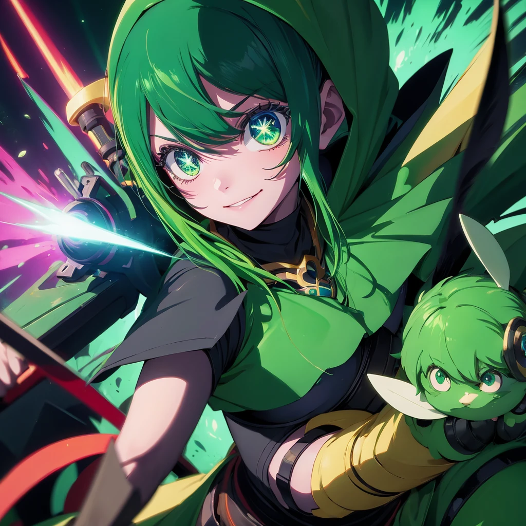 SHARPSHOOTER dota 2, anime style, green color, eye, cute, hoodwink, cute girl, happy