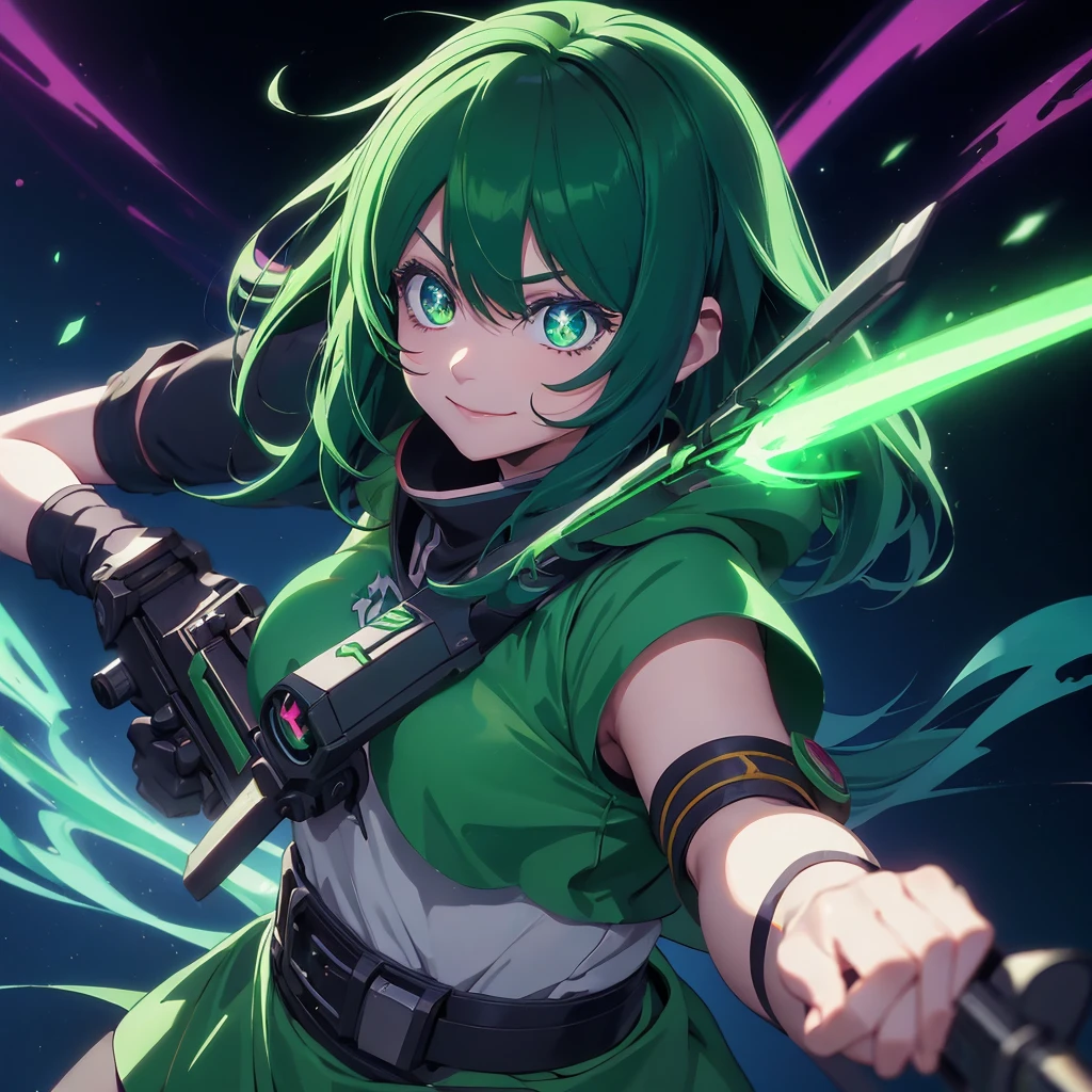 SHARPSHOOTER dota 2, anime style, green color, eye, cute, hoodwink, cute girl, happy