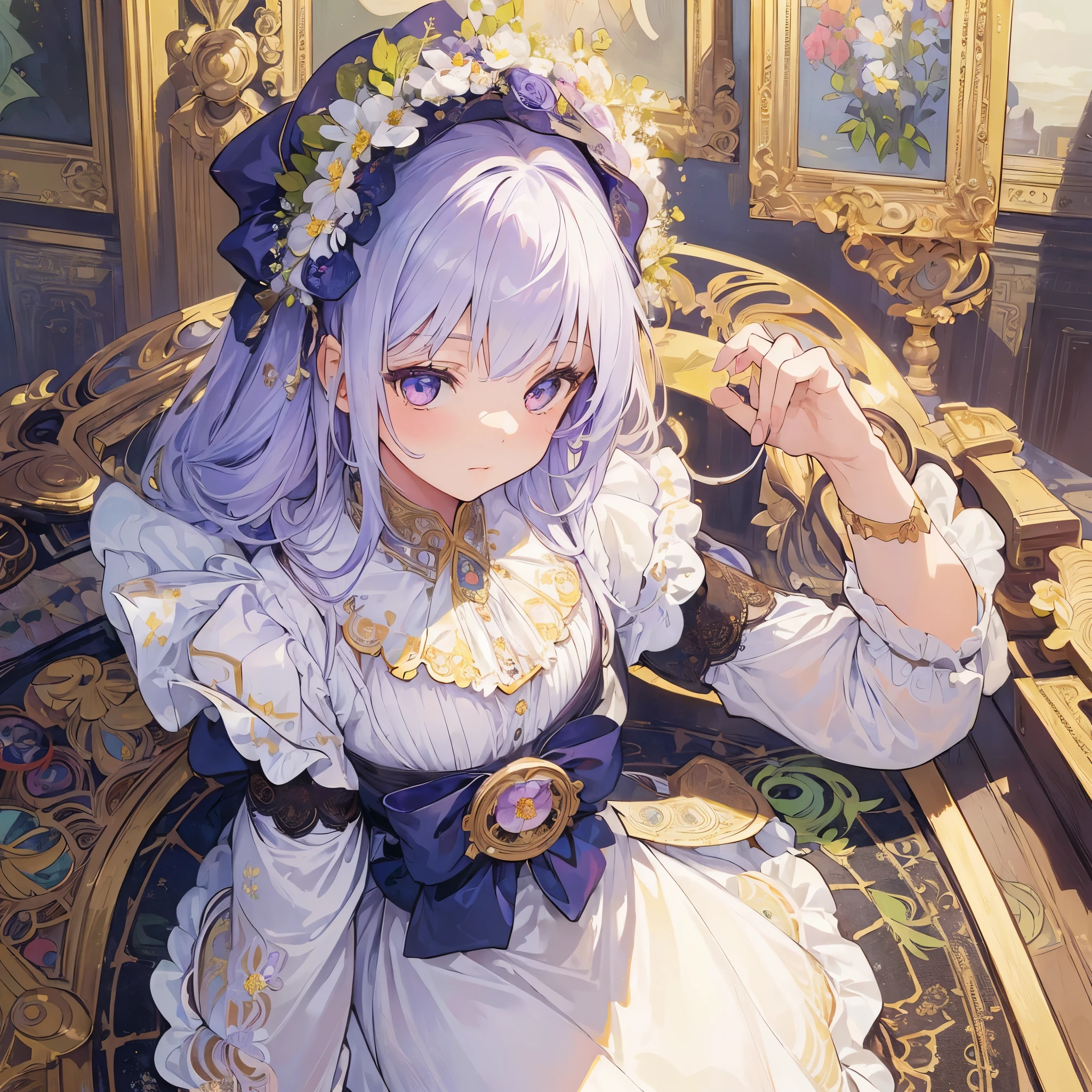 (((1 girl))), masterpiece, Highest quality, beautifully、beautiful: 1.2, gem, Quality lace, Detailed round frame, Recall, Flowers, white, Rainbow Hair, A beautiful girl fits into the frame、(Alphonse Mucha Style)