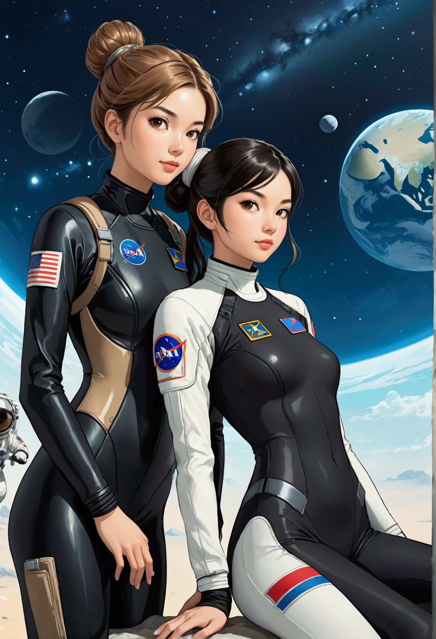 Two beautiful women Sarah Kay style, one is Asian with long black hair tied in a bun, dressed in an astronaut suit, next to her is a young British woman with semi-short light brown hair dressed in a black wetsuit, in a relaxed position, illustration, realistic, anime, photography, poster, fashion, portrait photography