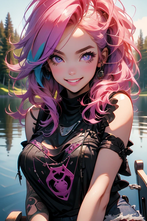 Perfect face. Perfect hands. A pink haired woman with violet eyes and an hourglass figure in a black lace tank top and ripped jeans is fishing by a lake in the forest with a big smile