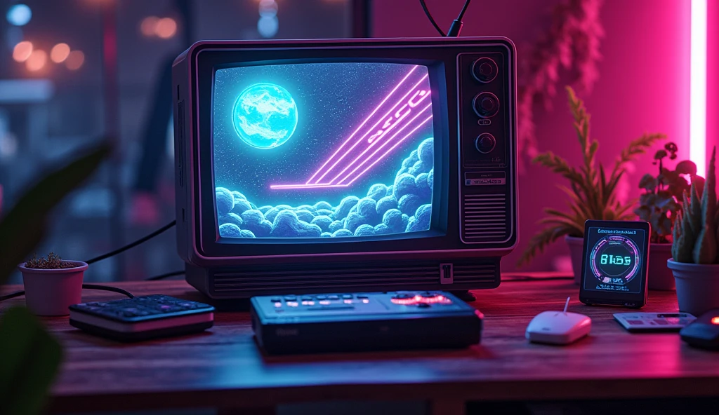 Coin de jeux vidéo au néon de style vintage des années 90, with a retro console, and a cyberpunk TV