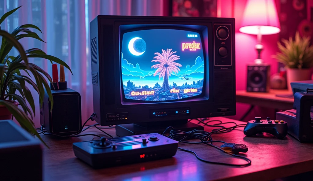 Coin de jeux vidéo au néon de style vintage des années 90, with a retro console, and a cyberpunk TV