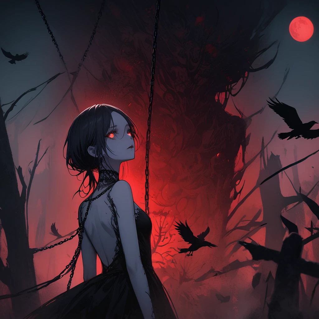 （Dark and scary atmosphere,Gothic Fashion,Dark colors）,（Highest quality，Super exquisite item）,Very sexy vampire girl,A large number of red spider lilies in full bloom on a red full moon night,Beautiful and delicate eyes,Beautiful black straight ponytail,Crow's feathers,Pale skin,No clothes on,naked,The moonlight illuminates her silhouette,A fantastic background created by darkness and moonlight,She is a tall girl who looks like an adult.,A crow is flying,Crow's feathersが舞う,Are standing,Deep foggy forest behind,（Courtesy）,((The shadows of several hanged bodies in the forest behind)),A flock of crows swarming around a corpse,Chained,Hanged by a chain around the neck,Hanging