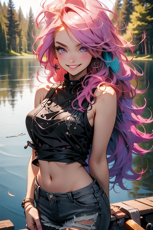 Perfect face. Perfect hands. A pink haired woman with violet eyes and an hourglass figure in a black lace tank top and ripped jeans is fishing by a lake in the forest with a big smile