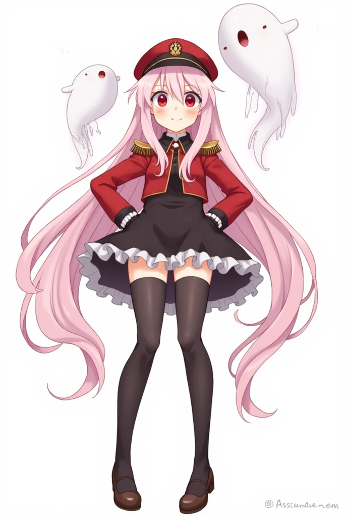1girl, 
short dress, red eyes, white background, from below, gloves, legs apart, long hair, simple background, frilled dress, pantyhose, cowboy shot, hair between eyes, ghost,  username, jacket, hair intakes, hat, smile, hands on own hips, frills, zettai ryouiki, thighhighs over pantyhose, red headwear, epaulettes, high collar, solo, military hat, long sleeves, dress, standing, thighhighs, closed mouth, glowing, red jacket, peaked cap, artist name, looking down, pigeon, glowing eyes, watermark, looking at viewer, black dress, pink hair, 
masterpiece, newest, absurdres, sensitive