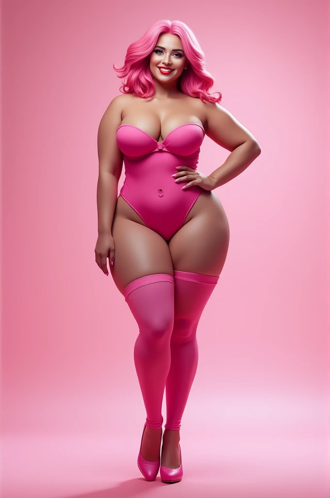 medium pink hair, large breasts, thick thighs, thigh gap, abs, smiling, red lipstick, pink eyes, pink dress, thigh highs, full body in frame, pink shoes, feet in frame