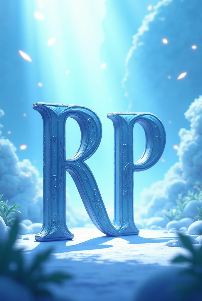 Make a 700 x 700 image with a light blue animated setting with anime and the letters RP centered and large with legendary lettering, do it like an advertising poster