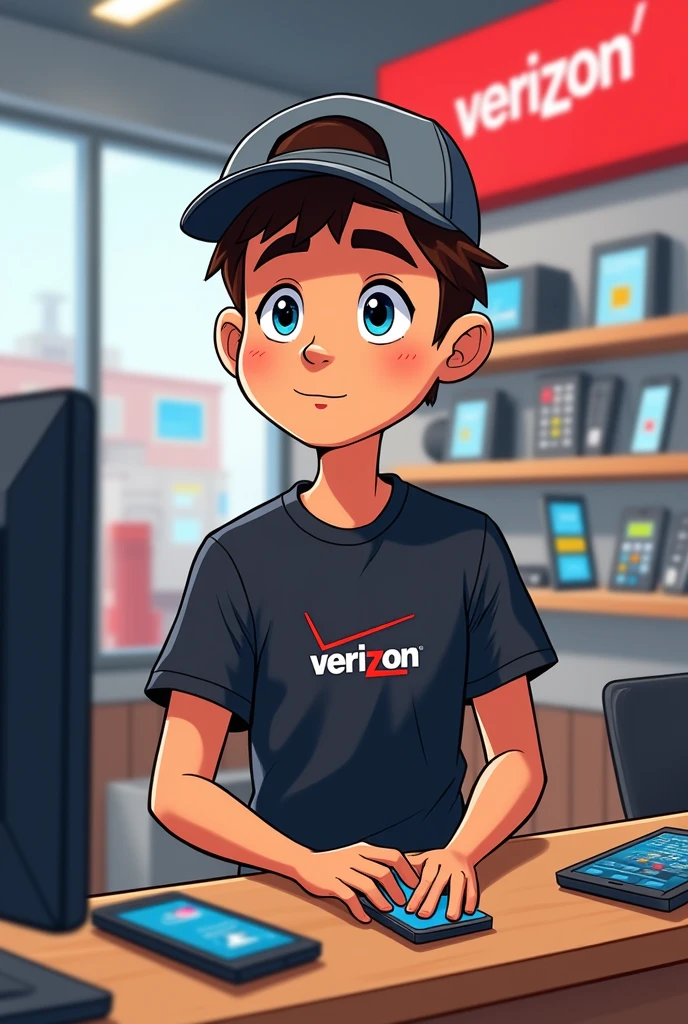 A 27-year-old boy with a cap and a black t-shirt with the Verizon logo on the t-shirt working at a phone store called Verizon in a cartoon style