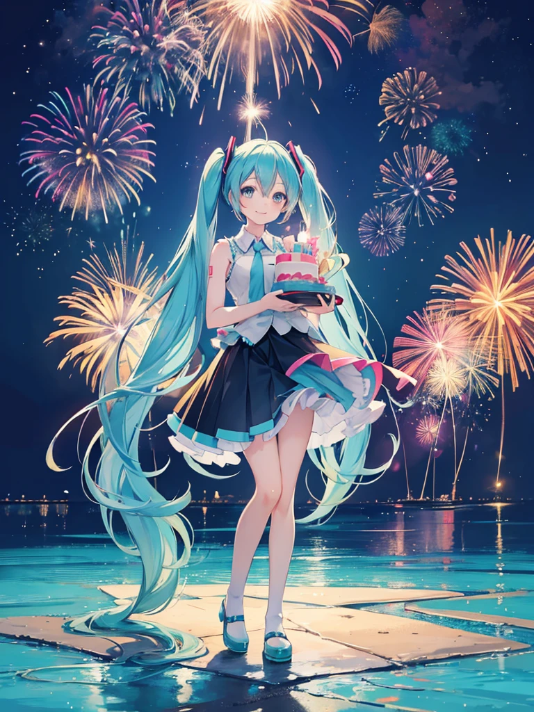 Anime girl Hatsune Miku with birthday cake and candle on it with number 7. Fireworks in the background.