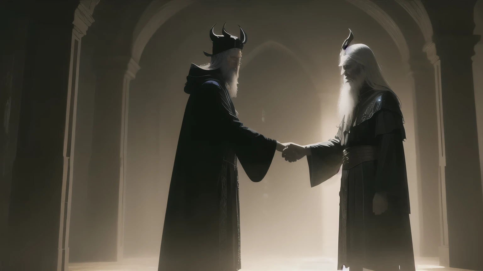 realistic, masterpiece, best quality, old wise wizard and satan shaking hands, moody lighting, glow, glowing, mysterious, mystical, magical, rim lighting