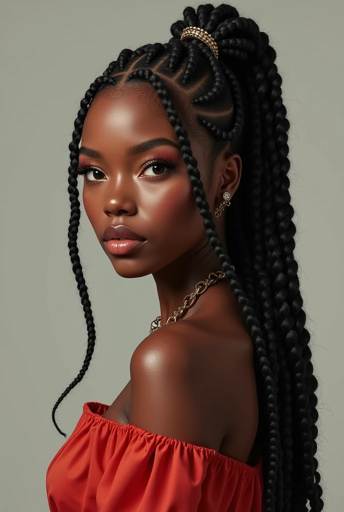 Beautiful African American coloring page, photorealism,16K realism, Hyper-realistic, bold line art, long detailed braids with hair, long eye lashes, almond shape eyes, off shoulder maxi dress,