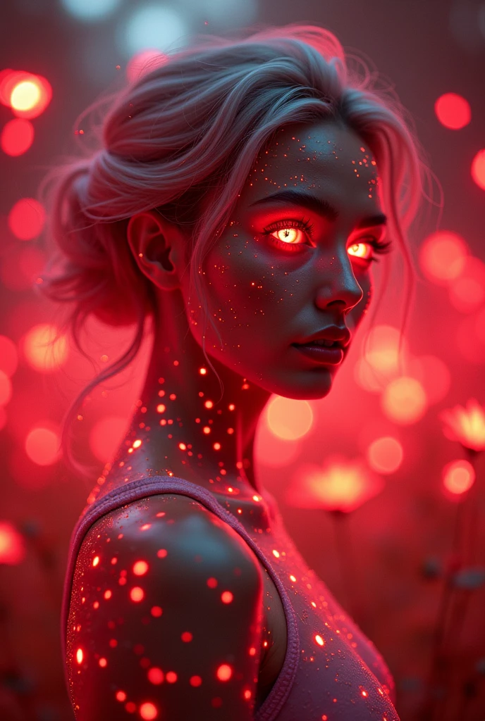 Certainly! Here's the revised prompt with everything bathed in red neon light:
---
**Prompt:** "A futuristic, otherworldly woman with luminous, neon red features. Her eyes and hair emit a radiant crimson glow, blending seamlessly with the surrounding environment. The scene is set in an enchanted digital forest, where holographic plants and flowers pulse with a soft, ethereal red light. Her skin is slightly reflective, with shimmering patterns that mimic the constellations. She stands gracefully among the glowing flora, her expression calm and inquisitive, embodying the mystique of a cybernetic fairy in a surreal, neon-lit landscape."