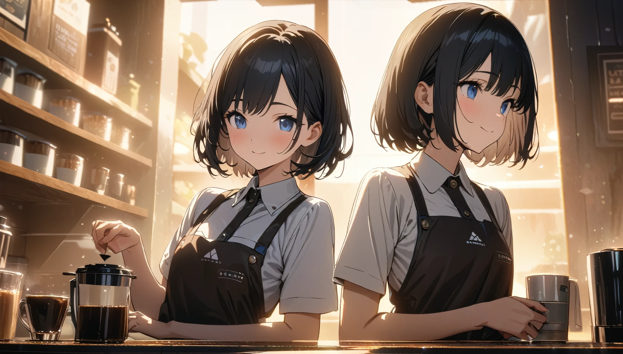 ((ultra-detailed))/three women: (one women with short black hair and bob hair.、beautiful blue eyes,.、smile、gentle smile on her face、flat chest, one Beautiful girl,((masterpiece, illustration, best quality) ((ultra-detailed))/),a girl wearing a barista uniform in a cute coffeeshop while making coffee ,濃い青とBeautiful Blueのグラデーション, High resolution, 8K HD detail, hyper-detail, cinematic, surrealism, soft light, deep field focus bokeh, ray tracing and surrealism. --v6