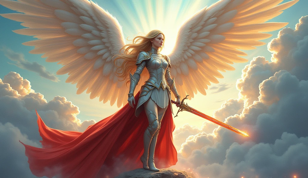 fantasy art, epic fantasy art,  a female angel standing guard in heaven, her wings spread wide, she holds a (fiery sword: 1.2), wearing intricate armor, white armor, she is wearing red cloak, wearing high heeled boots, flowing cloak, most beautiful angel, (best detailed face: 1.3) blond hair, wavy hair, epic hair, blue eyes, (glowing blue eyes: 1.3),  heavenly clouds, rainbow background. divine rays, vibrant, Ultra-high resolution, High Contrast, (masterpiece:1.5), highest quality, Best aesthetics), best details, best quality, highres, ultra wide angle, 16k, [ultra detailed], masterpiece, best quality, (extremely detailed: 1.5),