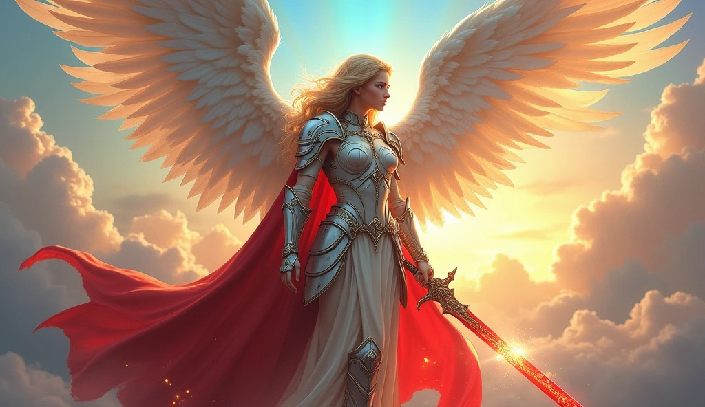 fantasy art, epic fantasy art,  a female angel standing guard in heaven, her wings spread wide, she holds a (fiery sword: 1.2), wearing intricate armor, white armor, she is wearing red cloak, wearing high heeled boots, flowing cloak, most beautiful angel, (best detailed face: 1.3) blond hair, wavy hair, epic hair, blue eyes, (glowing blue eyes: 1.3),  heavenly clouds, rainbow background. divine rays, vibrant, Ultra-high resolution, High Contrast, (masterpiece:1.5), highest quality, Best aesthetics), best details, best quality, highres, ultra wide angle, 16k, [ultra detailed], masterpiece, best quality, (extremely detailed: 1.5),