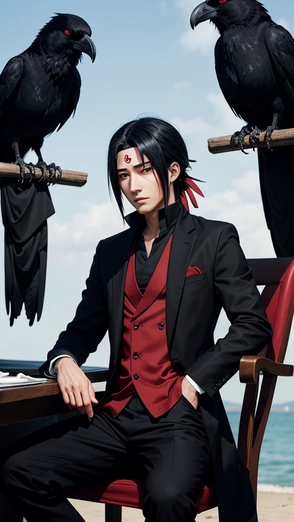 Create an anime character whose face and appearance is Uchiha Itachi from the Naruto anime, only the clothes used are formal clothes with a black suit and red shirt sitting on a chair accompanied by a crow perched on the character's shoulder.