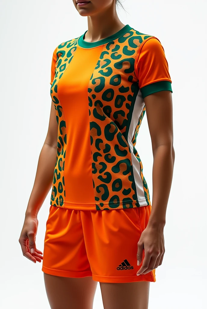 Women&#39;s futsal athletic uniform, Men&#39;s and women&#39;s volleyball in orange colors, moss green and white, with jaguar spots 