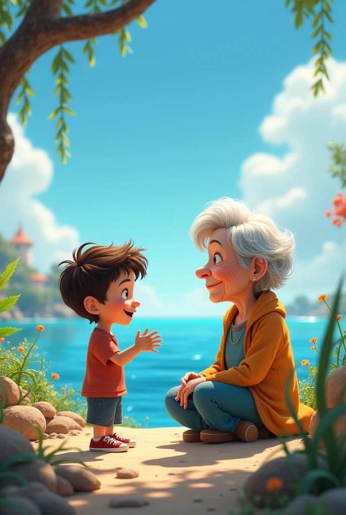 child talking to grandma,Pixar style,SeaArt Infinity,Cartoon
