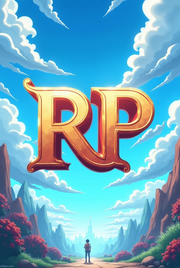 Make a 700 x 700 image with a light blue animated setting with anime and the letters RP centered and large with legendary lettering, do it like an advertising poster