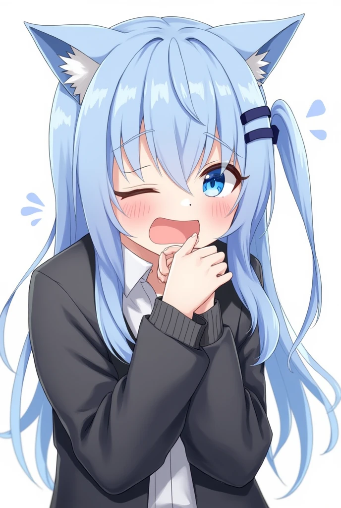  One girl, Animal ears, blue eyes, Long Hair, Blue Hair, Long sleeve, bangs, Cat ear, Upper Body, Focus Only, hair ornaments, Sleeves are longer than the wrist, blush, White Background, collared shirt, Simple Background, shirt, Jacket, black Jacket, One side up, Hair between the eyes, Slope, ;3, Slope background, Blue background,Fool,Stupid,clavicle,Yawning,Close one eye