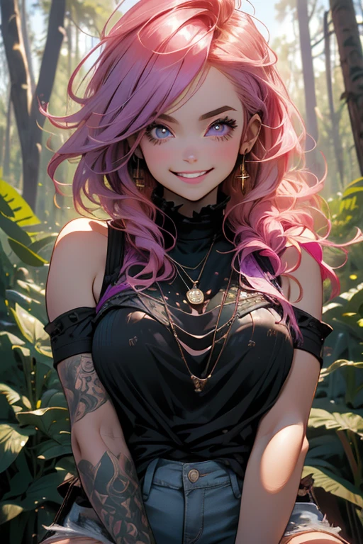 Perfect face. Perfect hands. A pink haired woman with violet eyes and an hourglass figure in a black lace tank top and ripped jeans is leaning against a treein the forest with a big smile