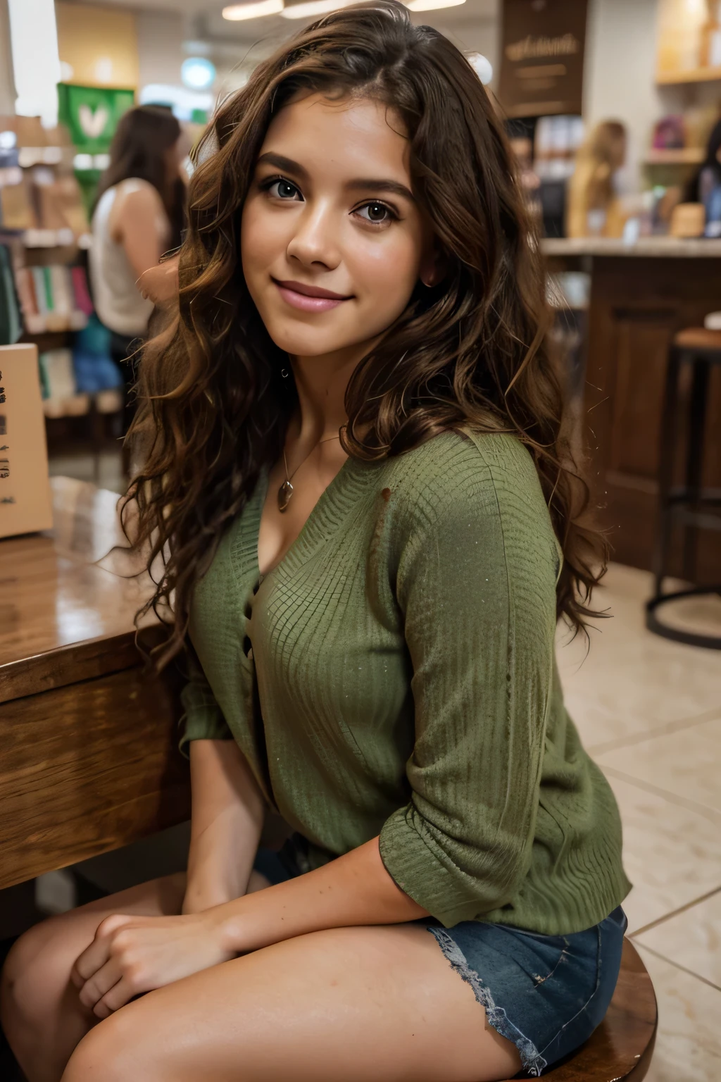 Girl with medium curly hair, light green eyes, Caucasian skin, smiling in the corner looking at me