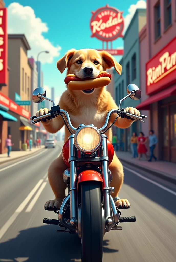 A dog eats a hotdog on a motorcycle