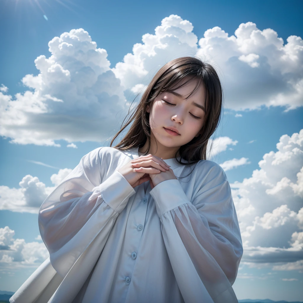 A person praying with hands together and closed eyes, clear blue sky and white clouds background, inspirational style, soft light effect highlighting the figure,