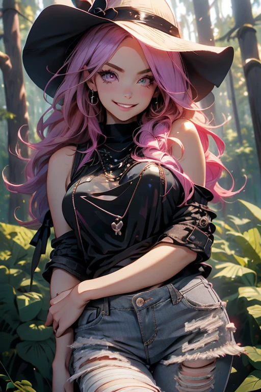 Perfect face. Perfect hands. A pink haired woman with violet eyes and an hourglass figure in a black lace tank top and ripped jeans is leaning against a tree in the forest with a big smile