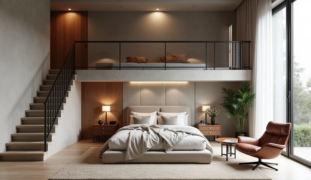 Concevez une chambre loft moderne et élégante avec une esthétique minimaliste. La chambre comprend un coin nuit inférieur avec un lit et un coin salon avec deux fauteuils papillon en cuir et une petite table basse.. Un escalier mène à une mezzanine supérieure avec un autre lit. L&#39;espace présente un mélange de textures en béton et en bois, créer un look sophistiqué et contemporain. De grandes fenêtres et un puits de lumière permettent à la lumière naturelle d&#39;inonder la pièce, améliorant l&#39;atmosphère ouverte et aérée. Ajoutez quelques objets de décoration minimalistes pour compléter le design élégant.
