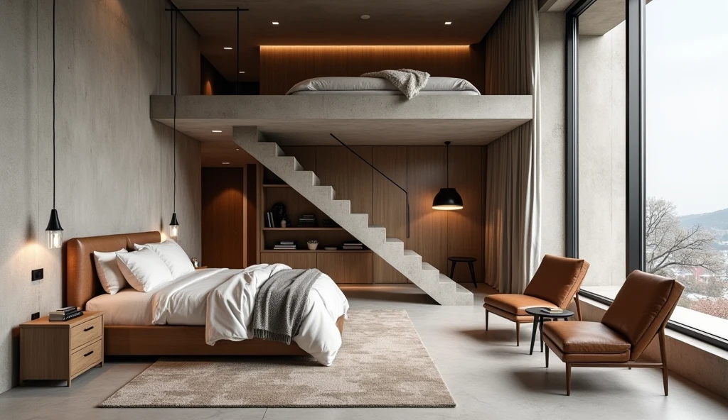 Concevez une chambre loft moderne et élégante avec une esthétique minimaliste. La chambre comprend un coin nuit inférieur avec un lit et un coin salon avec deux fauteuils papillon en cuir et une petite table basse.. Un escalier mène à une mezzanine supérieure avec un autre lit. L'espace présente un mélange de textures en béton et en bois, créer un look sophistiqué et contemporain. De grandes fenêtres et un puits de lumière permettent à la lumière naturelle d'inonder la pièce, améliorant l'atmosphère ouverte et aérée. Ajoutez quelques objets de décoration minimalistes pour compléter le design élégant.