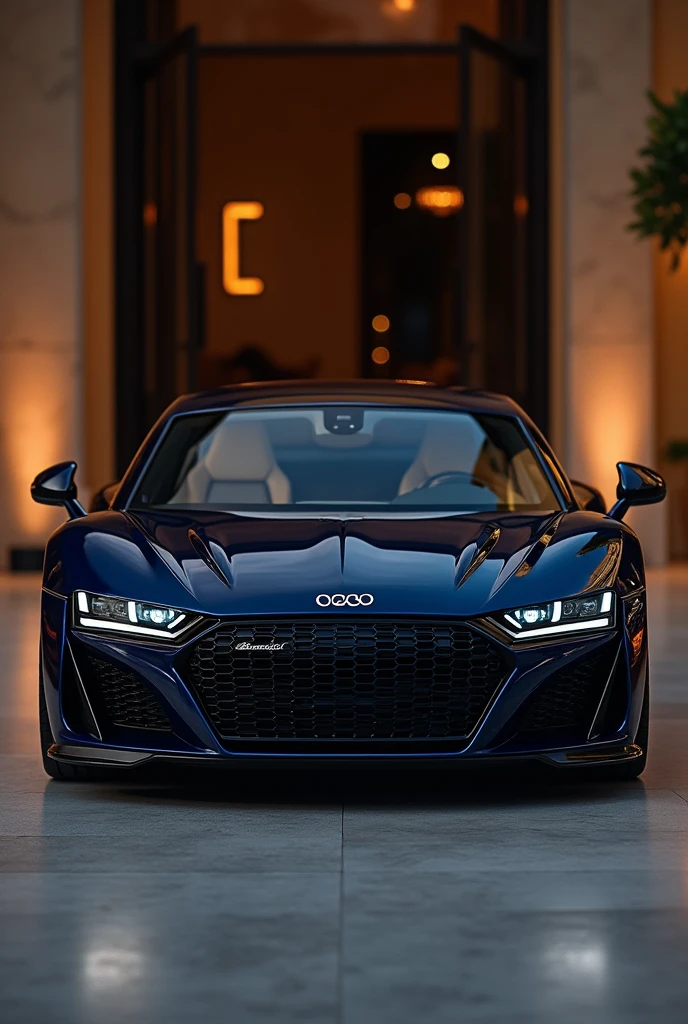 An extremely luxurious navy blue car with the words "Celine Carter" on the porta